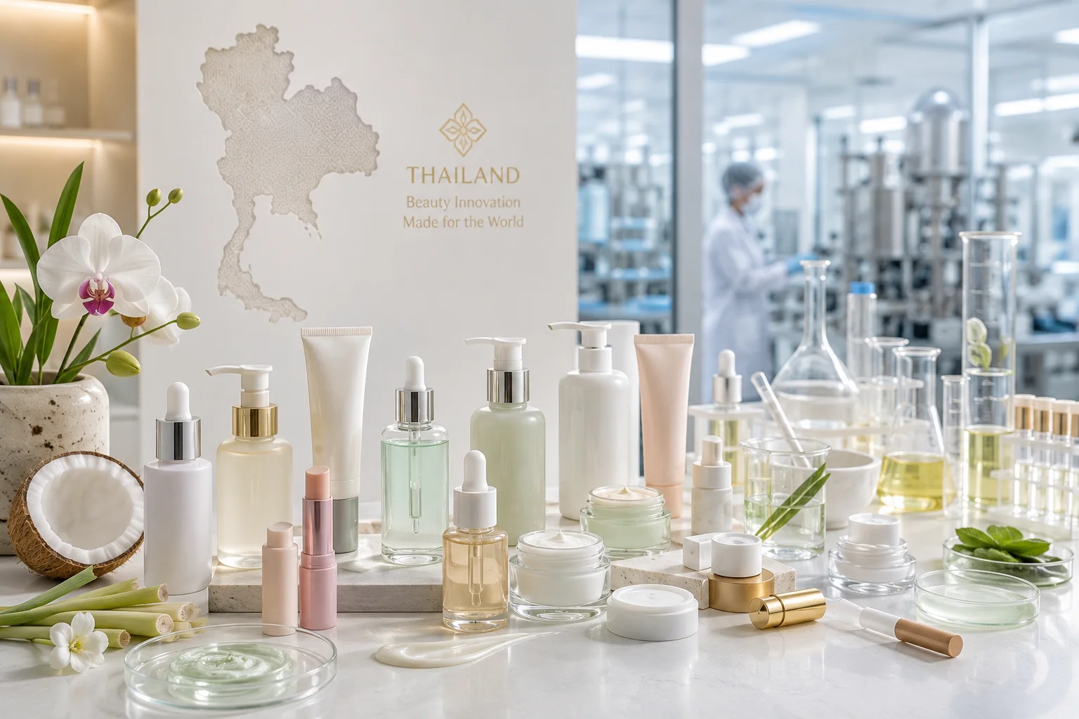 Variety of Thai beauty products displayed with natural ingredients in a laboratory setting, symbolizing innovation and quality.